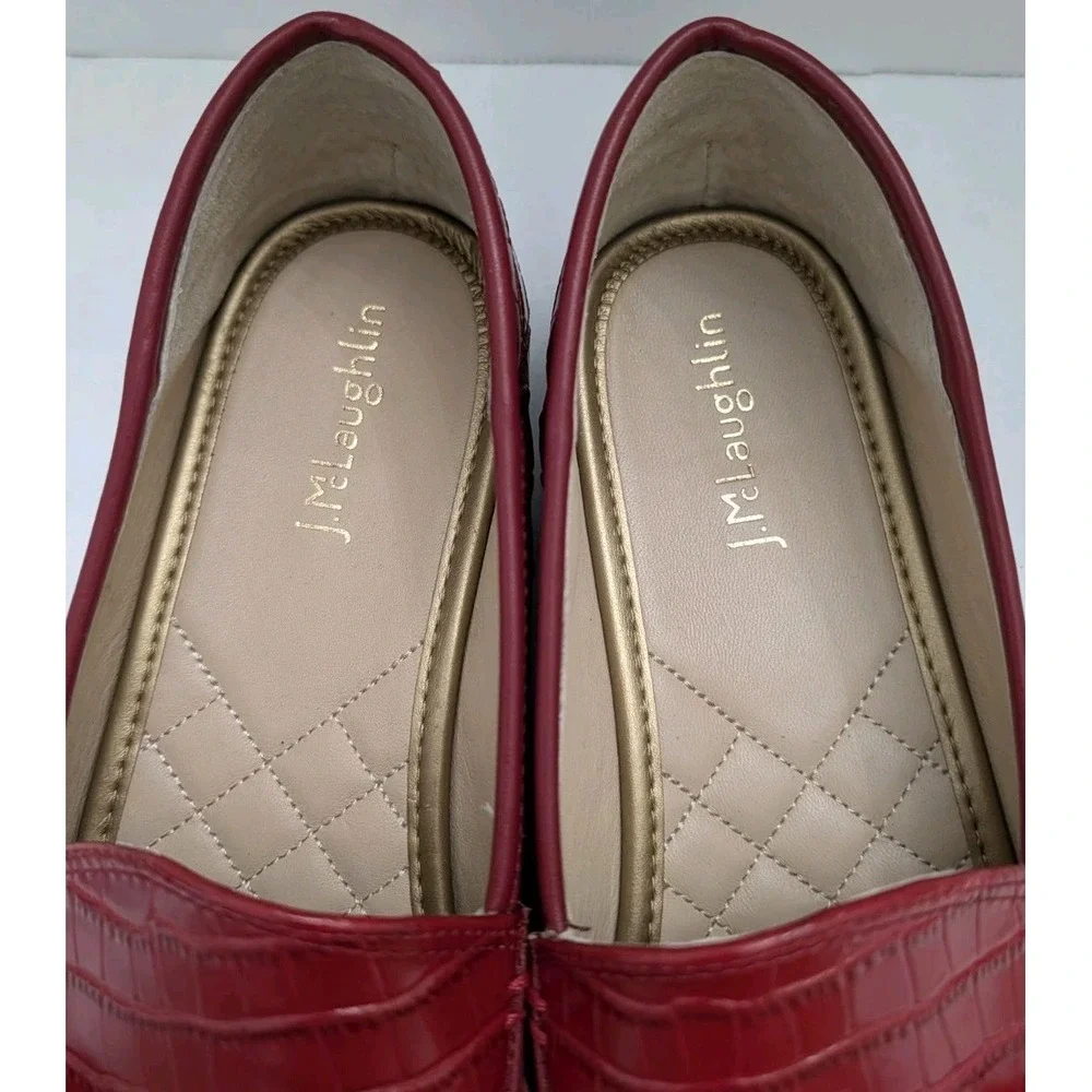 J. Mclaughlin Dillon Red Croc Skin Print Leather Loafers Sz 8M Bamboo Metal Gold